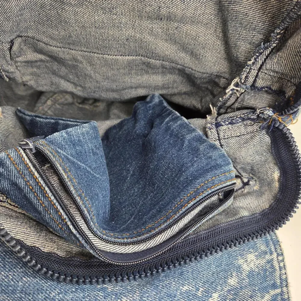 Vintage Class Act 90s Blue Stone Washed Thick Denim Zip Niche Design Backpacks - Picture 7 of 13